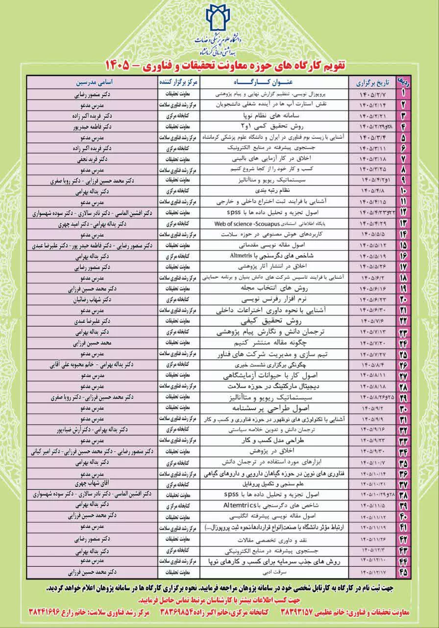 تقویم کارگاه های حوزه معاونت تحقیقات  1405